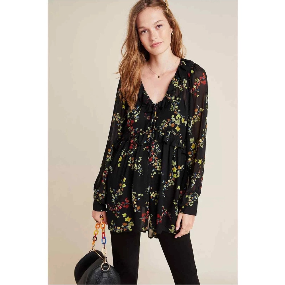 LIKE NEW - Anthropologie Black Floral High Low Dress/Tunic